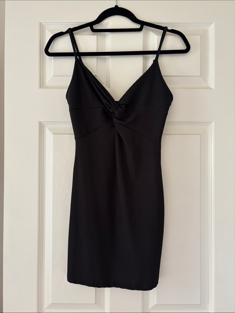 Revamped Black Twist-Knot Spaghetti Strap Mini Dress
